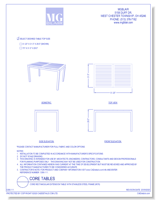 Core Rectangular Extension Table with Stainless Steel Frame (#078)