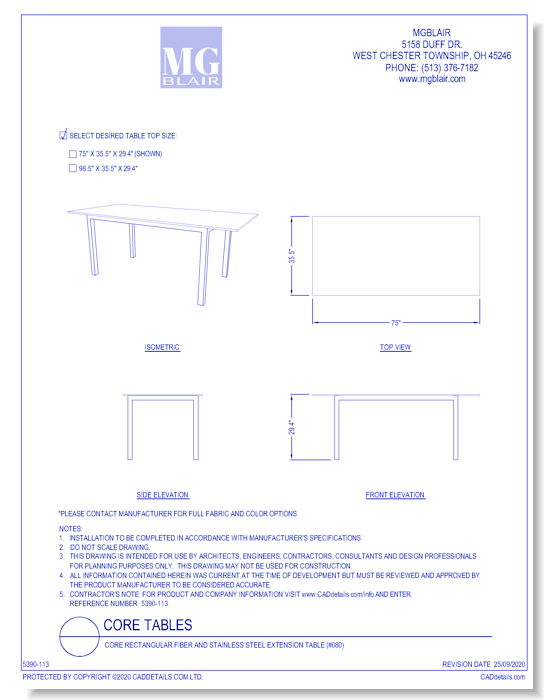 Core Rectangular Fiber and Stainless Steel Extension Table (#080)
