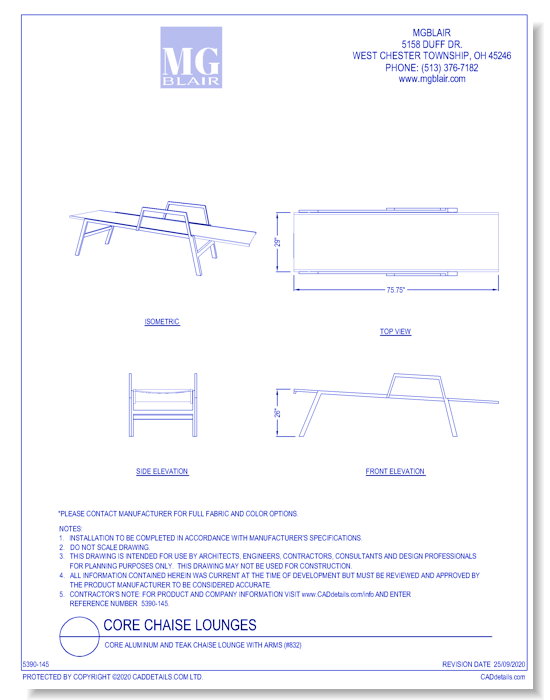 Core Aluminum and Teak Chaise Lounge with Arms (#832)