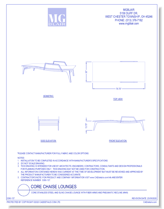 Core Stainless Steel and Sling Chaise Lounge with Fiber Arms and Pneumatic Recline (#849)