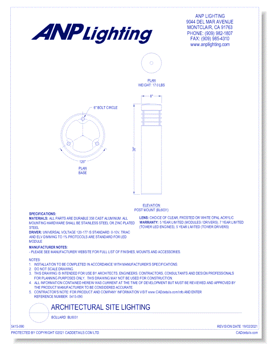 Bollard: BL6031 (8")