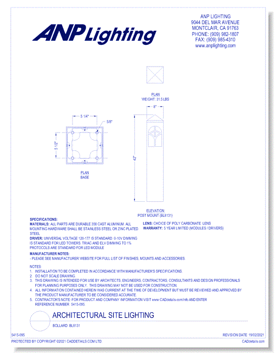 Bollard: BL8131 (8")