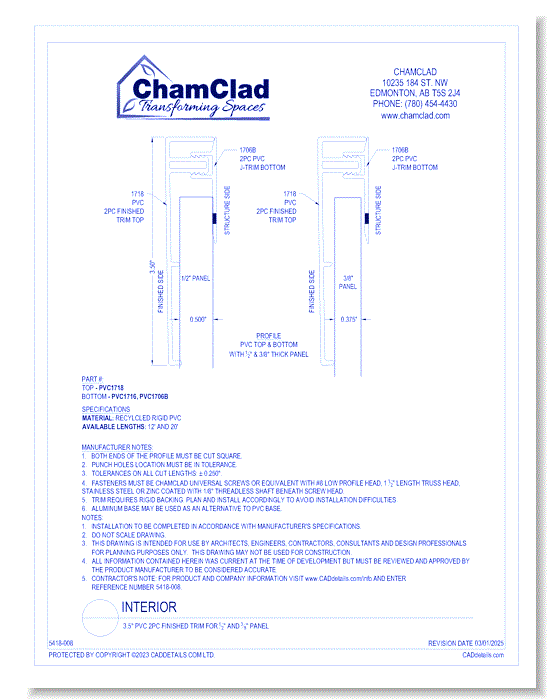 3.5" PVC 2 pc Finished Trim for 1/2" and 3/8" Panel