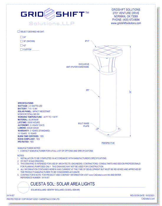 Solar Bollard: Sentry Bollard (CS-BOL-SEN-6R)