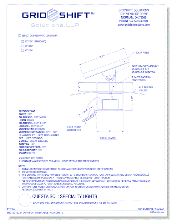 Solar Bus Shelter Retrofit: Patriot Bus Shelter Retrofit (CS-BSL-PAT-(20W))