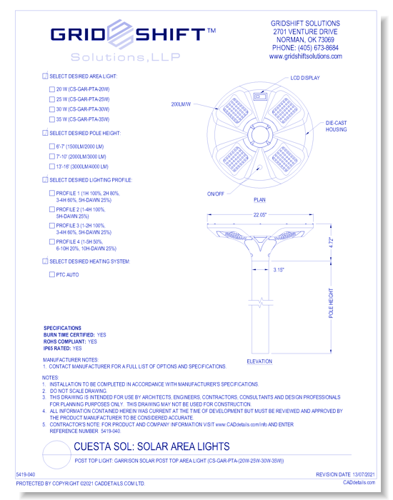 Post Top Light: Garrison Solar Post Top Area Light (CS-GAR-PTA-(20W-25W-30W-35W))
