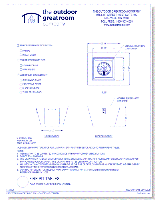 Cove Square Gas Fire Pit Bowl (CV-2424)