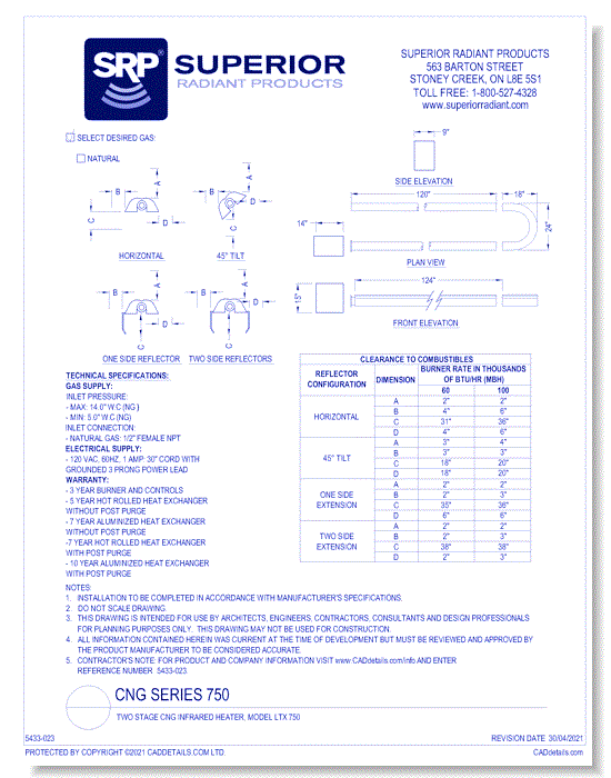 Two Stage CNG Infrared Heater, Model LTX 750