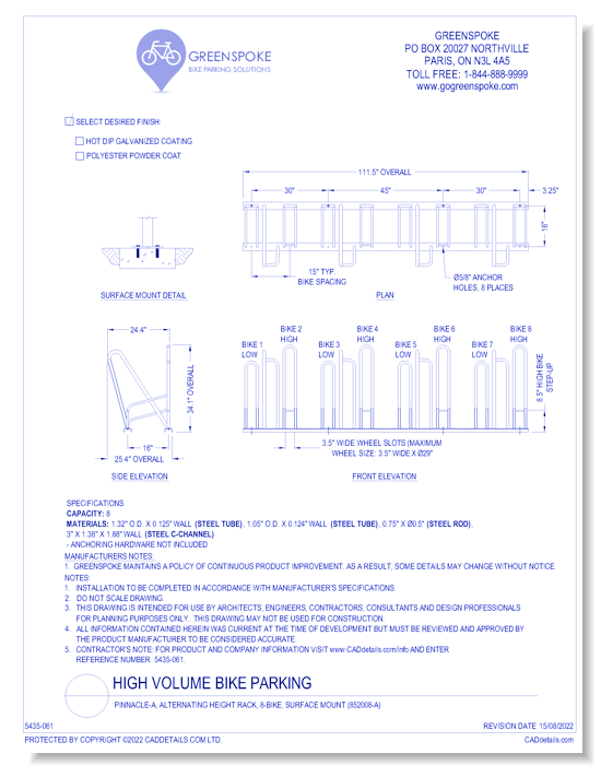 (852008-A) Pinnacle-A, Alternating Height Rack, 8-Bike, Surface Mount
