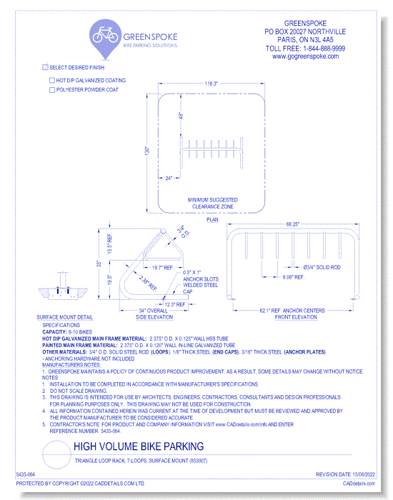 (853007) Triangle Loop Rack, 7-Loops, Surface Mount 