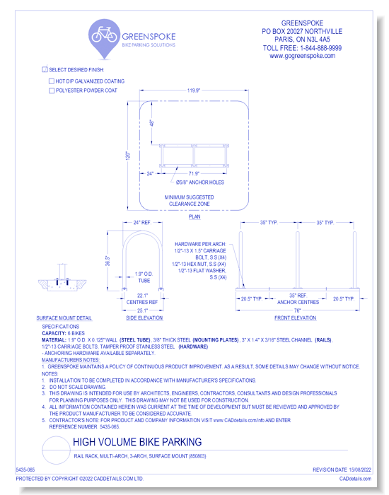 (850803) Rail Rack, Multi-Arch, 3-Arch, Surface Mount