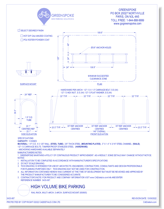 (850805) Rail Rack, Multi-Arch, 5-Arch, Surface Mount