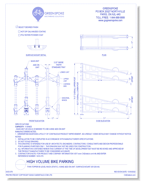 (851250-4A) Twin Topper Bi-Level Rack (Static), 4-Bike Add-On Unit, Surface Mount 