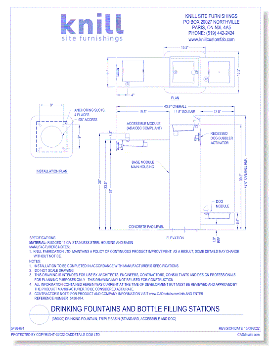 (350020) Drinking Fountain, Triple Basin (Standard, Accessible and Dog)