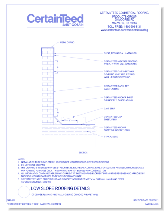 CT-06 Base Flashing and Wall Covering on Wood Parapet Wall