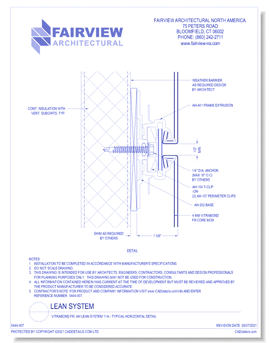  Vitrabond FR (MCM / Aluminum Cladding Material): AH Lean System 11A - Typical Horizontal Detail