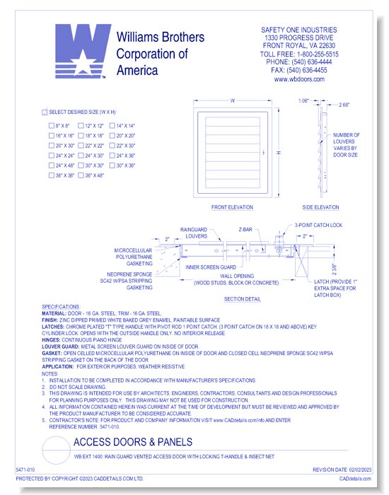 WB EXT 1400: Rain Guard Vented Access Door with Locking T-Handle & Insect Net