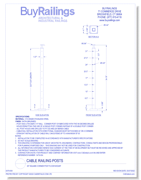 36" Square Corner Post Floor Mount