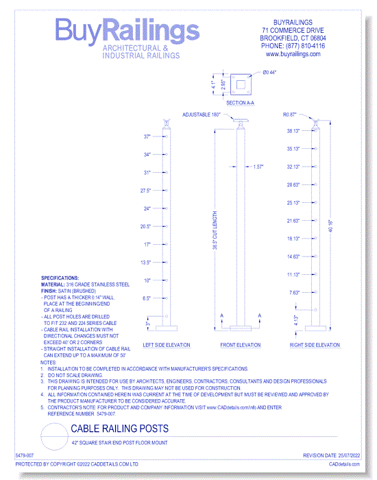 42" Square Stair End Post Floor Mount