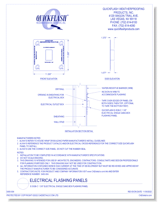 E-SGB-C 1 3/8" Electrical Single Gang Box Flashing Panel