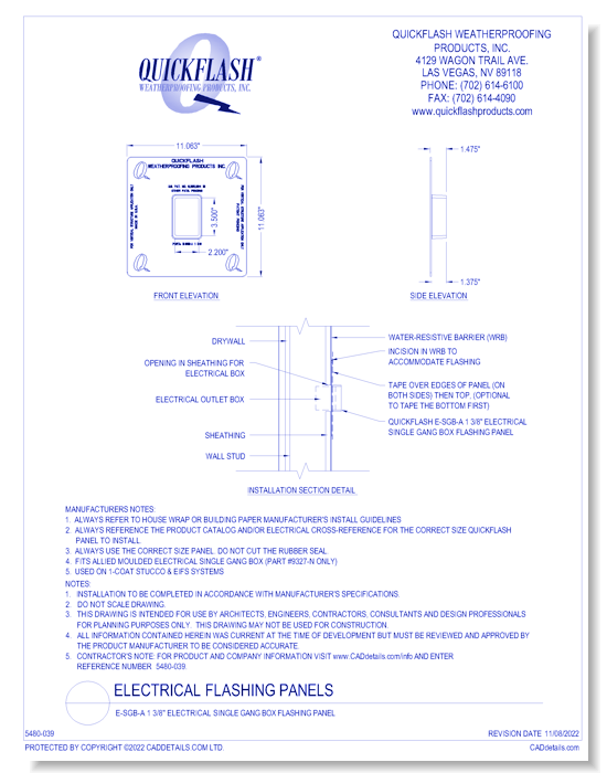 E-SGB-A 1 3/8" Electrical Single Gang Box Flashing Panel