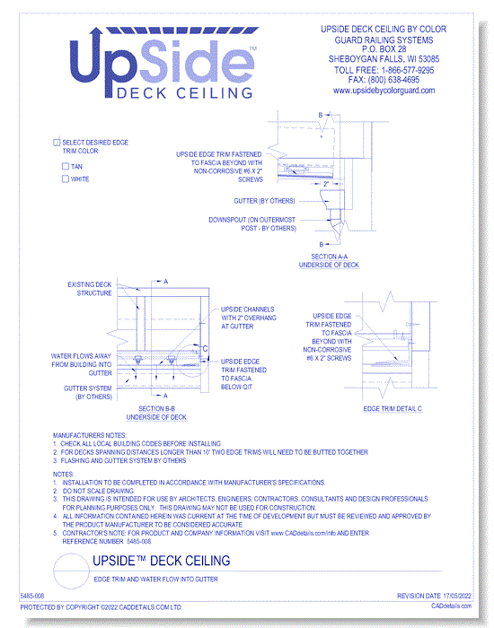 UpSide™ Deck Ceiling: Edge Trim and Water Flow into Gutter