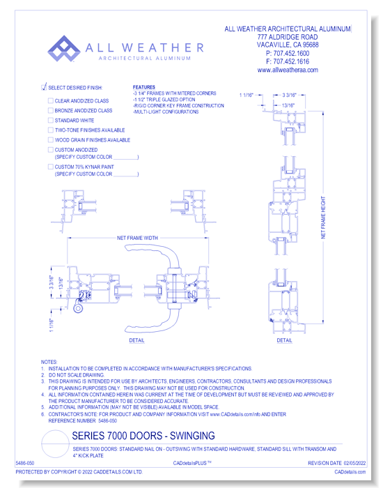 Series 7000 Doors: Standard Nail On - Outswing with Standard Hardware, Standard Sill with Transom and 4" Kick Plate