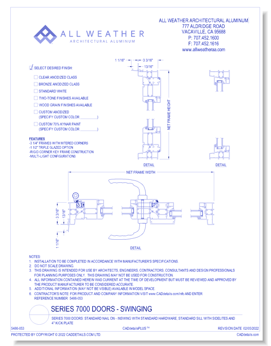 Series 7000 Doors: Standard Nail On - Inswing with Standard Hardware, Standard Sill with Sidelites and 4" Kick Plate