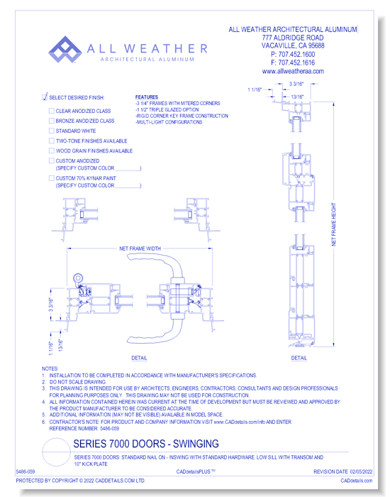 Series 7000 Doors: Standard Nail On - Inswing with Standard Hardware, Low Sill with Transom and 10" Kick Plate