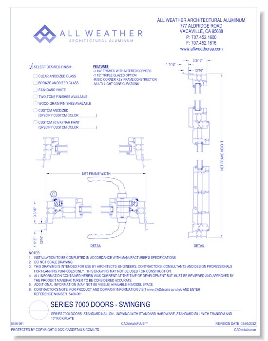 Series 7000 Doors: Standard Nail On - Inswing with Standard Hardware, Standard Sill with Transom and 10" Kick Plate