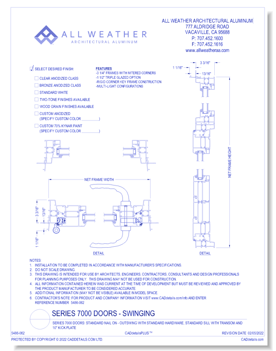 Series 7000 Doors: Standard Nail On - Outswing with Standard Hardware, Standard Sill with Transom and 10" Kick Plate