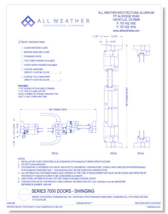 Series 7000 Doors: Standard Nail On - Outswing with Standard Hardware, Standard Sill with Sidelites and 10" Kick Plate