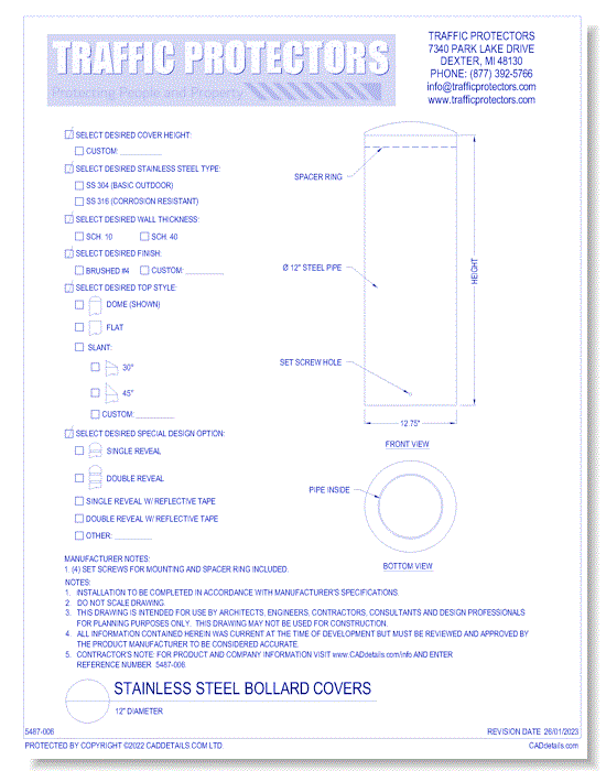 Stainless Steel Bollard Covers: 12" Diameter