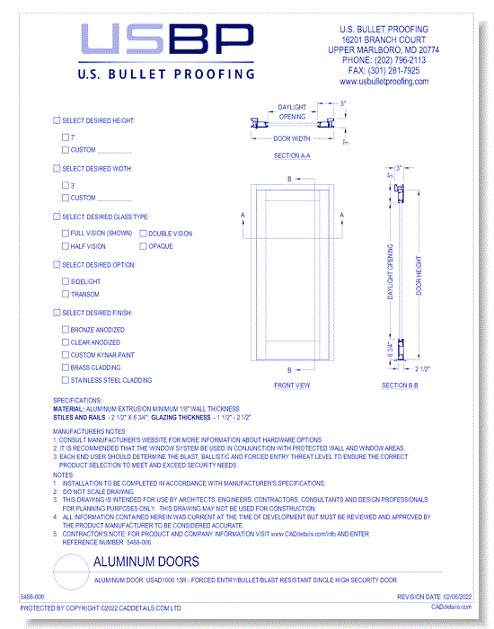 Aluminum Door: USAD1000 15R - Forced Entry/Bullet/Blast Resistant Single High Security Door