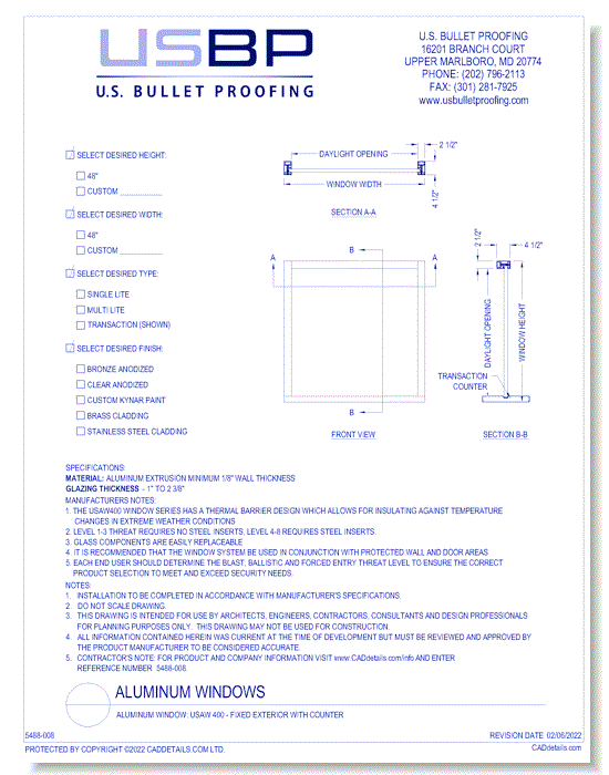 Aluminum Window: USAW 400 - Fixed Exterior with Counter