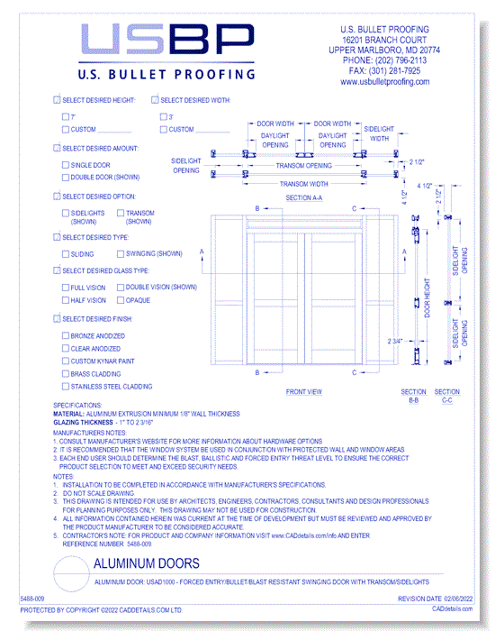 Aluminum Door: USAD1000 - Forced Entry/Bullet/Blast Resistant Swinging Door with Transom/Sidelights