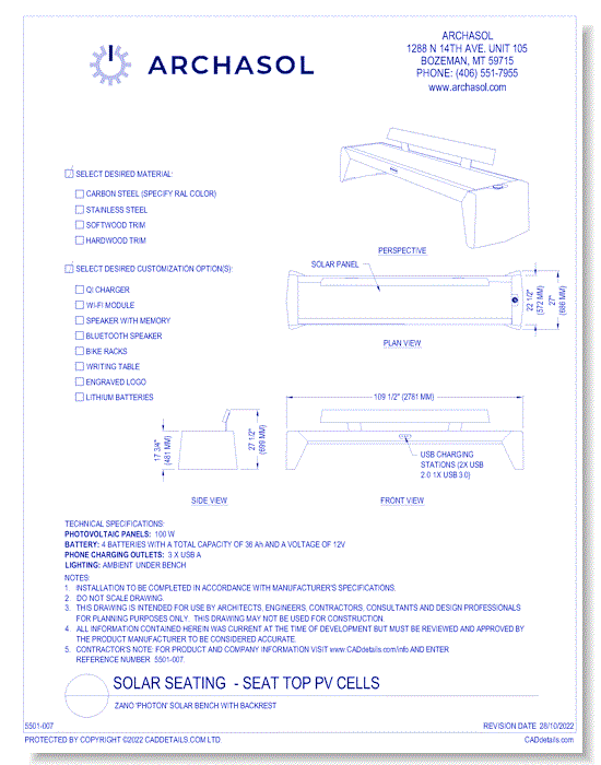 Zano 'Photon' Solar Bench with Backrest