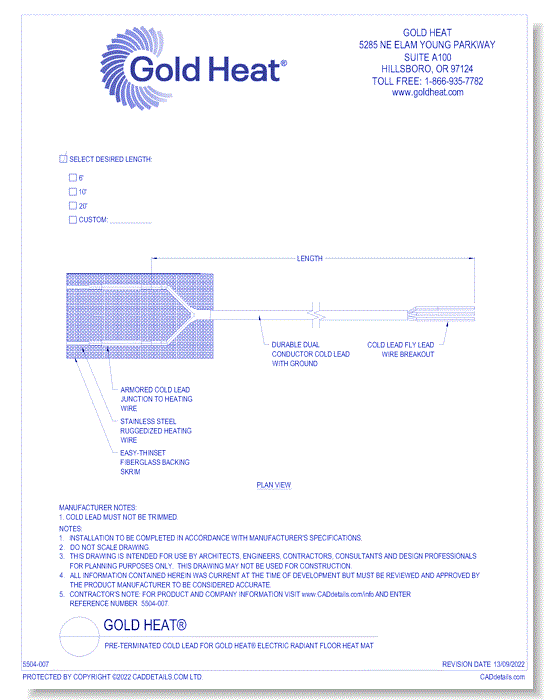 Gold Heat®: Pre-Terminated Cold Lead For Electric Radiant Floor Heat Mat
