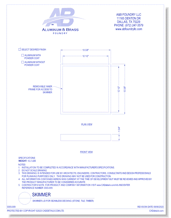 Skimmer Lid for Seamless Decking (Stone, Tile, Timber)