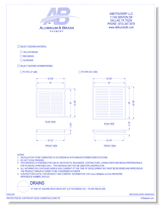 10" and 18" Square Deck Drain Set (Lid Thickness 3/4") – PL1005 and PL1009