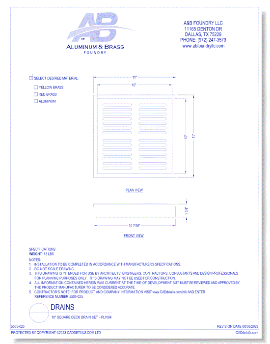 10" Square Deck Drain Set – PL1004
