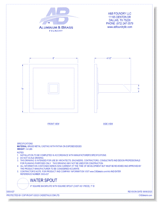 6" Square Backplate with Square Spout (Cast as 1 Piece), 1" ID