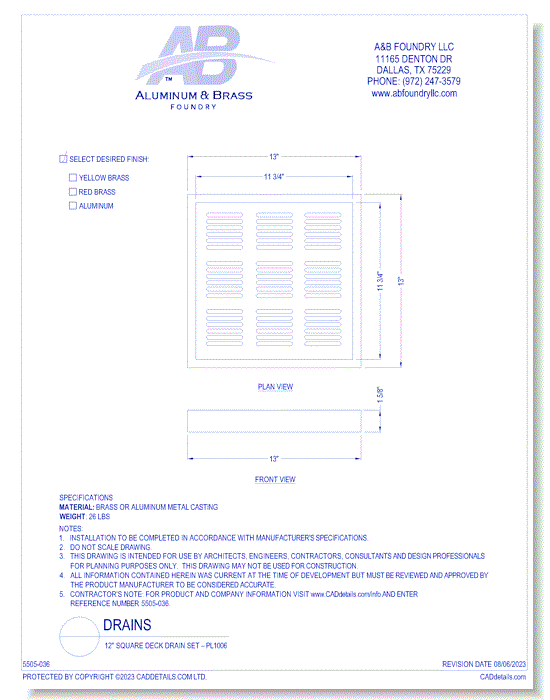 12" Square Deck Drain Set – PL1006