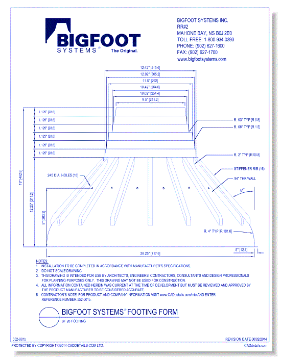 BIGFOOT SYSTEMS® Footing Form:  BF28 Form