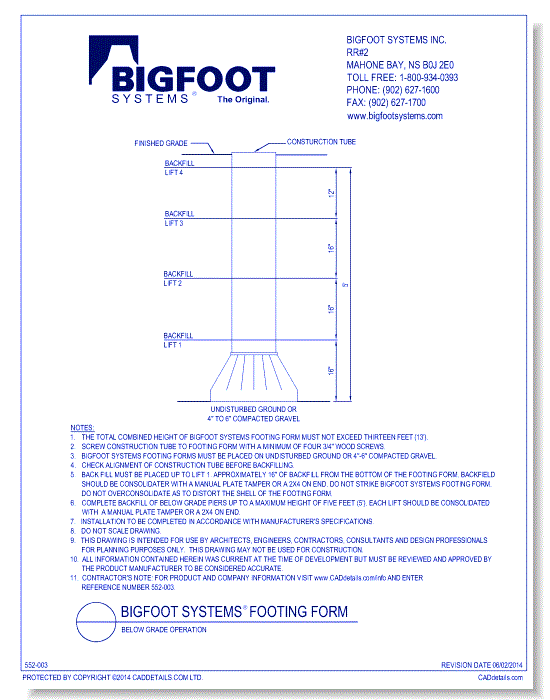 BIGFOOT SYSTEMS® Footing Form:  Below Ground Application