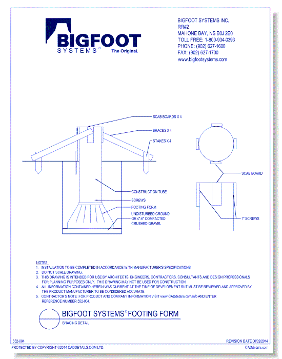 BIGFOOT SYSTEMS® Footing Form:  Bracing Detail