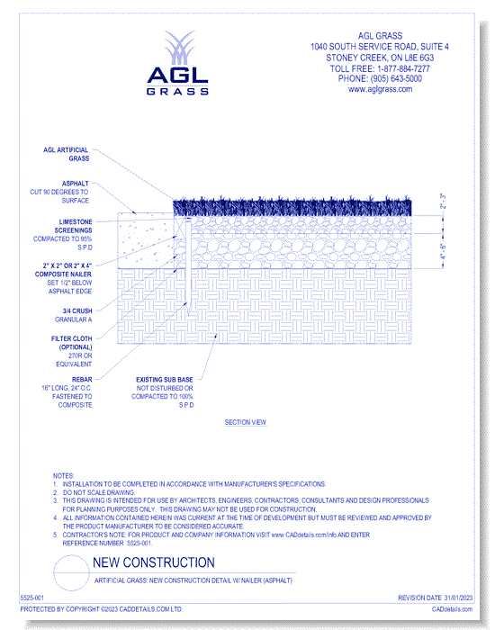 Artificial Grass: New Construction Detail w/ Nailer (Asphalt)
