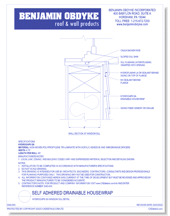 Self Adhered Drainable Housewrap: HydroGap® SA Window Sill Detail