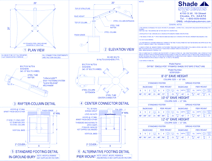 Offset Single Post Pyramid Shade System - 20' x 20'