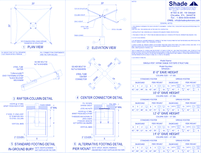 Single Post Hypar Shade System - 20' x 20'